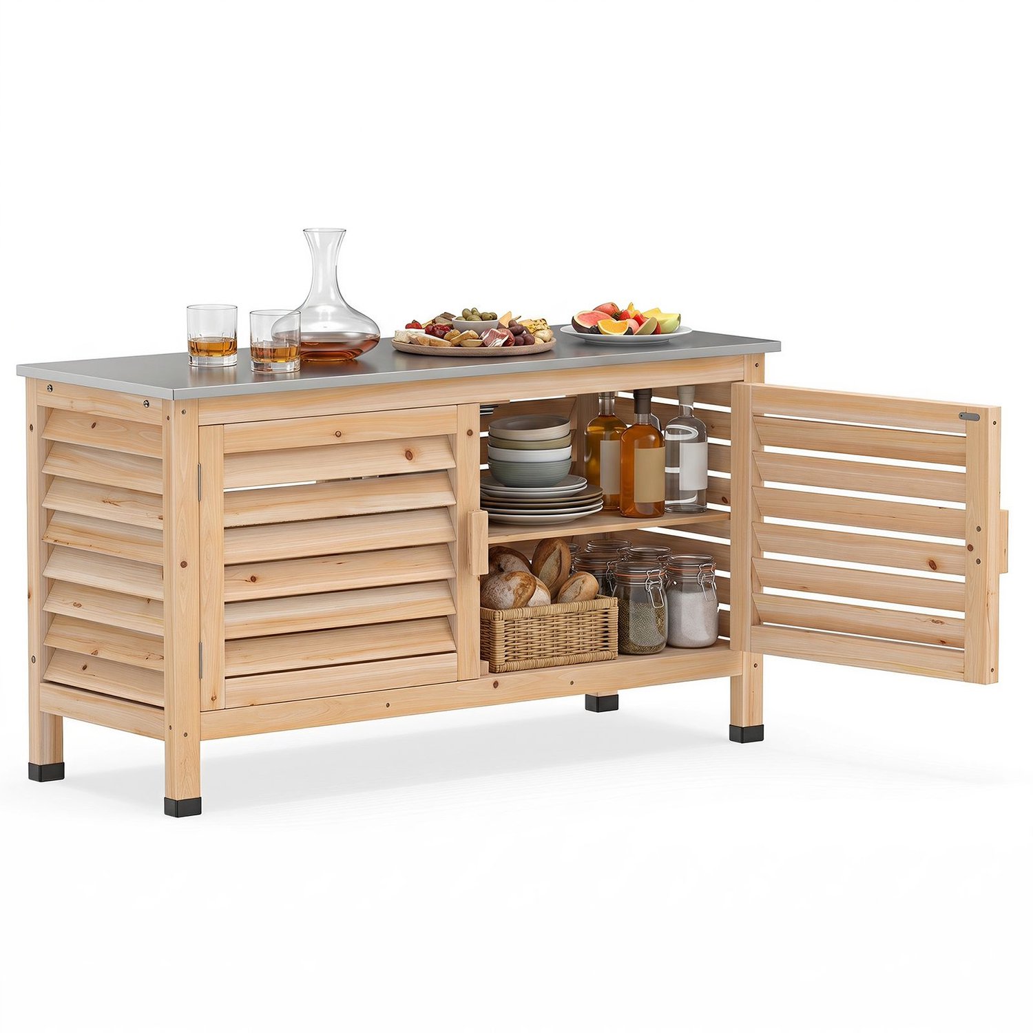 SureDeal® - Gereedschapskast - Tuinhuisje Dennenhout - Lamellen Deuren - Werkblad Roestvrij Staal - Vormige Plank - 109x40,5x61,5 cm - Naturel