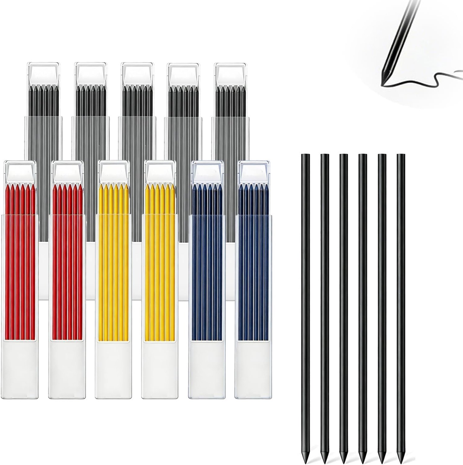 jwtyu 66 stuks potloodvullingen voor timmermanspotlood, 2,8 mm, solide diepgaatmarkeerstiften, HB potlood, reservevullingen, zwart, blauw, geel en roo