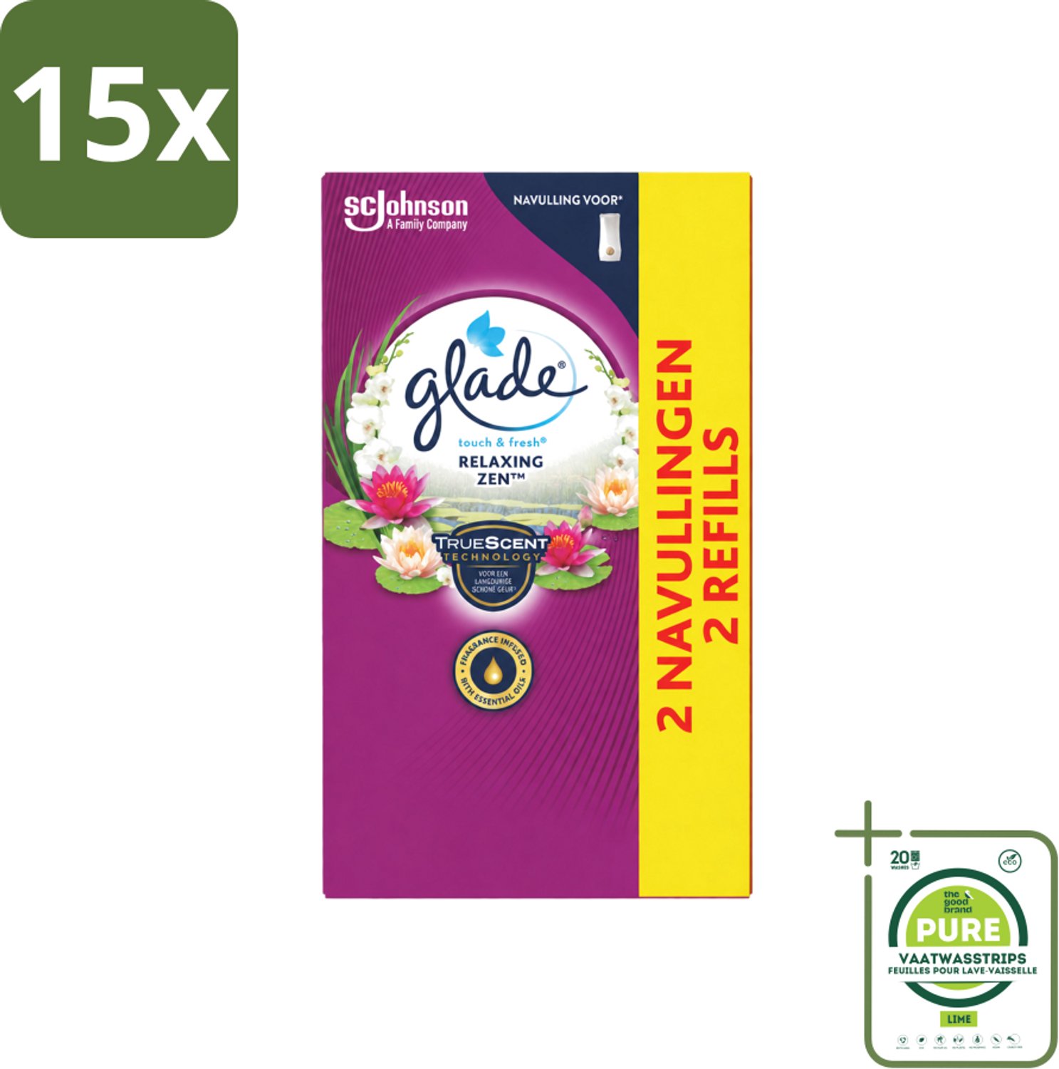 15 x Glade – Touch & Fresh Navulling – Relaxing Zen – 20ml - Grootverpakking - Vaatwasstrips - Luchtverfrisser - Ontspannende Geur - Frisse Geur - Sandelhout - Appel