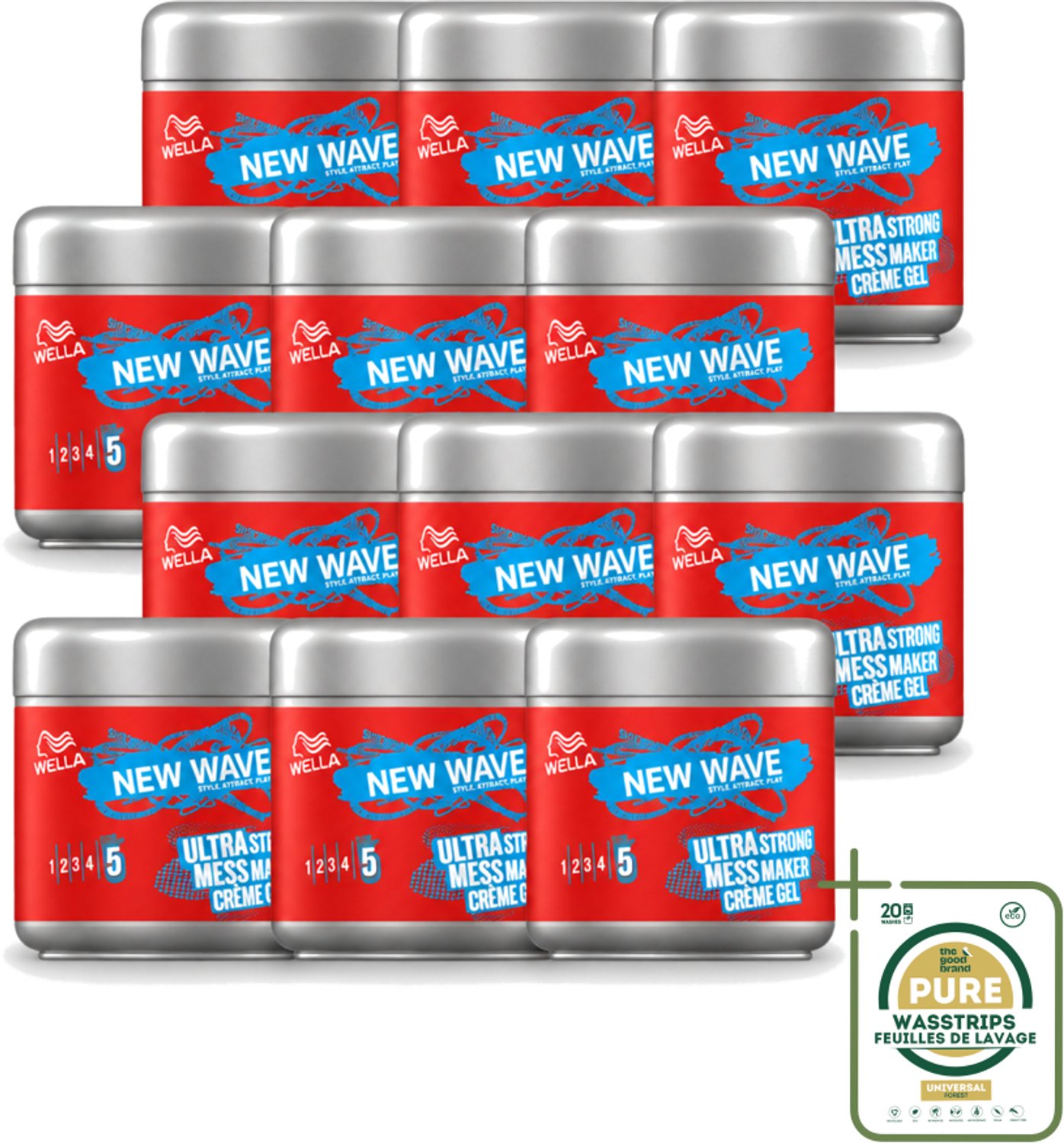 12 x Wella – New Wave Mess Maker Ultra Strong – Haargel – 150 ml - Wasstrips - Warrige Look - Haarstyling Gel - Crème-gel - Haarfixatie - Natuurlijke Look