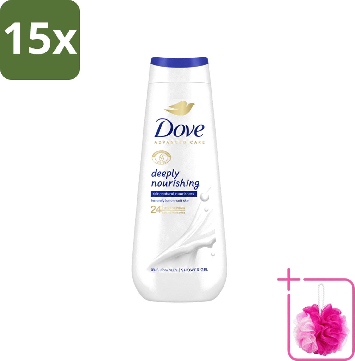 15 x Dove Douchecrème - Deeply Nourishing - 600 ml - Bulkverpakking - Douchegel - Douchemop - Huidverzorging