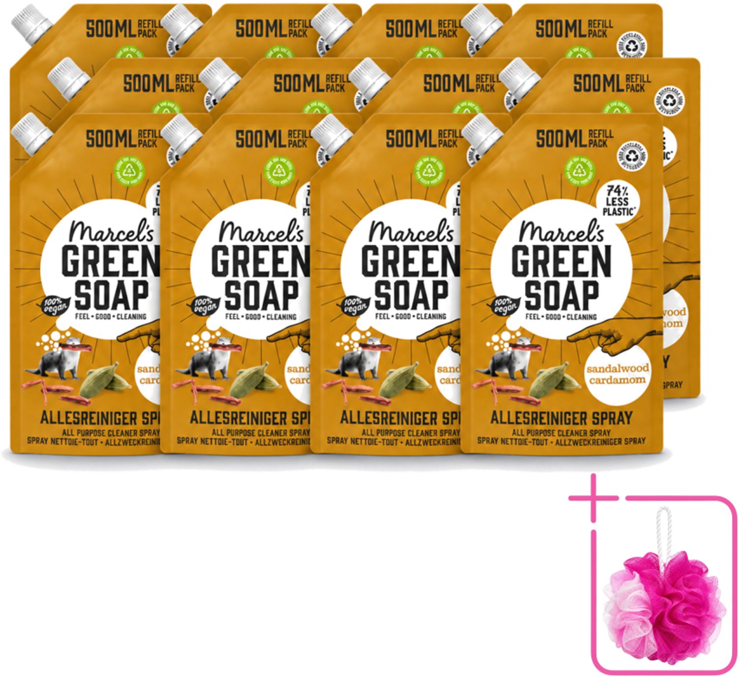 12 x Marcel's Green Soap - Allesreiniger Spray - Navulling - Sandelhout & Kardemon - Frisse reiniging - 500 ml - Bulkverpakking - Allesreiniger spray - Douchemop - Natuurlijke reiniger