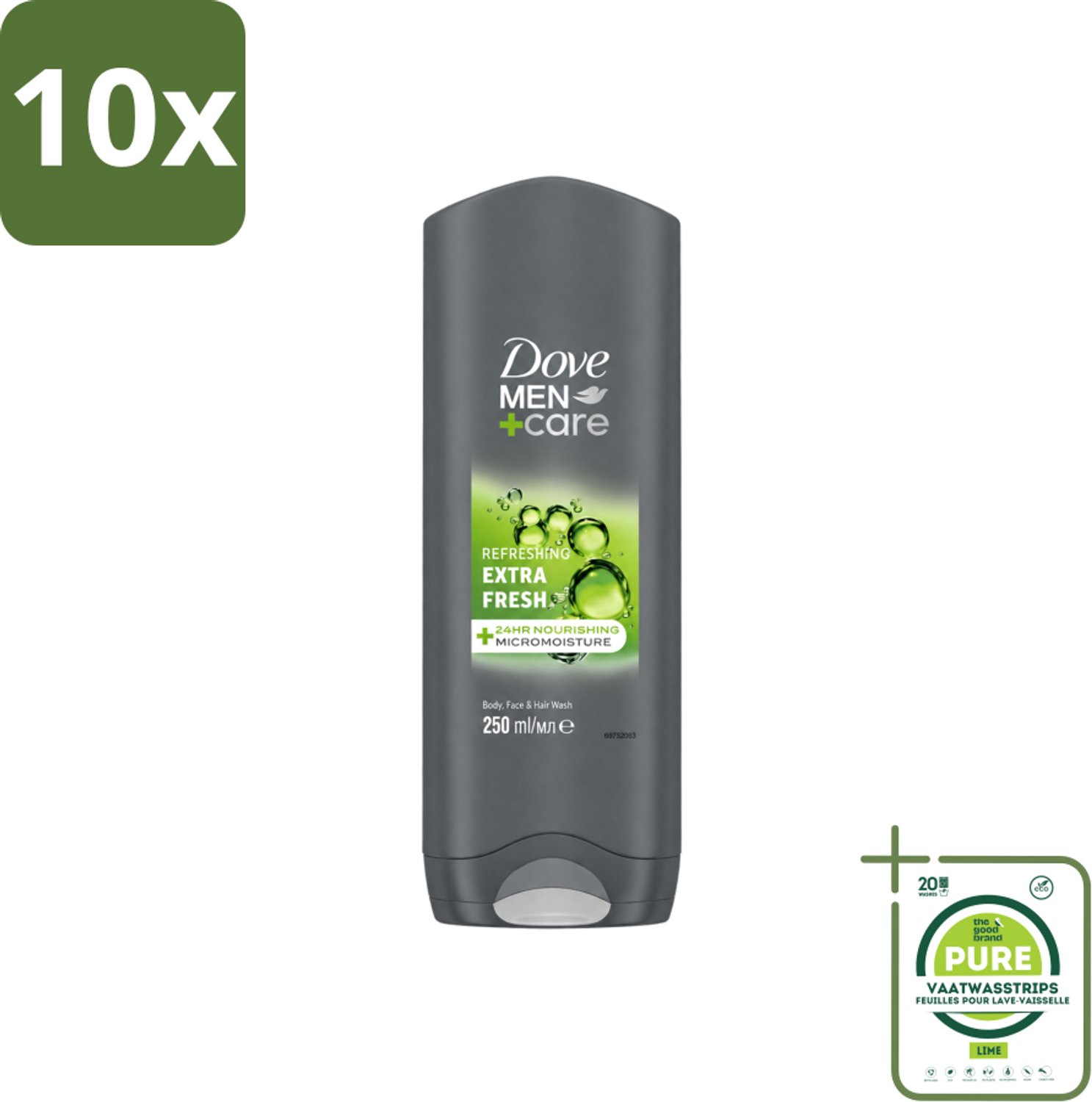 10 x Dove Men+Care Douchegel - Extra Fresh - 250 ml - Grootverpakking - Vaatwasstrips - Douchegel Voor Mannen - Frisse Geur - Huidverzorging - Uitdroging Voorkomen - MICROMOISTURE™ Technologie