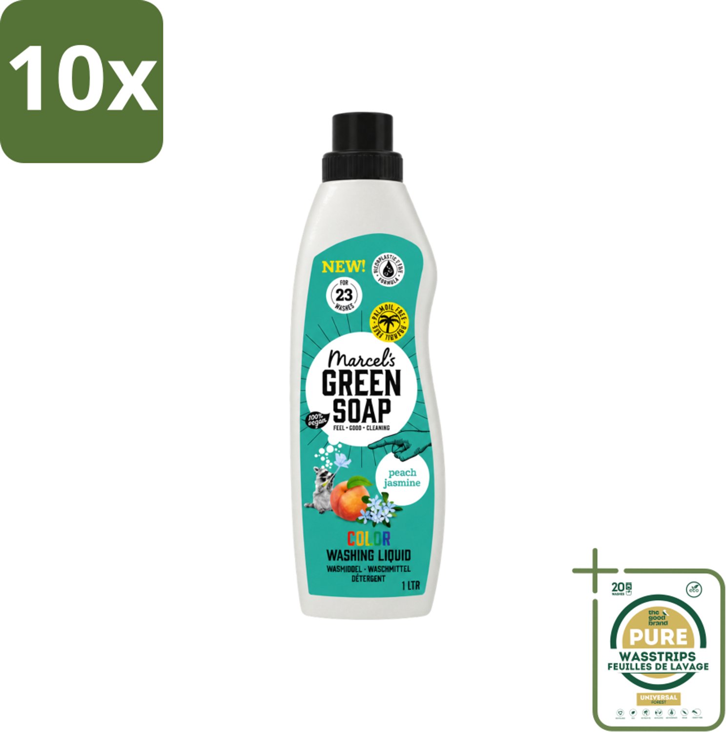 10 x Marcel's Green Soap - Vloeibaar Wasmiddel - Kleur - Perzik & Jasmijn - Effectief & natuurlijk - 23 Wasbeurten - 1 liter - Wasstrips - Wasmiddel - Geur Perzik En Jasmijn - Kleur Wasgoed - Duurzaam Wasmiddel - Palmolievrij