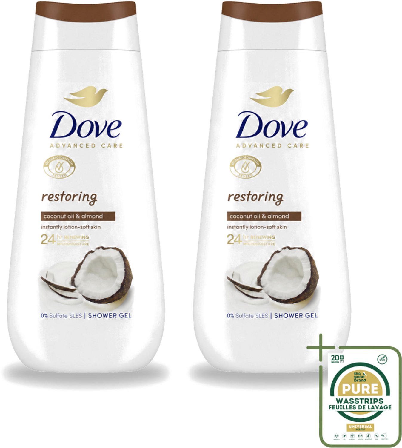 2 x Dove Douchecrème - Restoring - Kokos & Amandel - 225 ml - Wasstrips - Douchegel - Huidherstel - Kokosolie - Amandelextract - Droge Huid