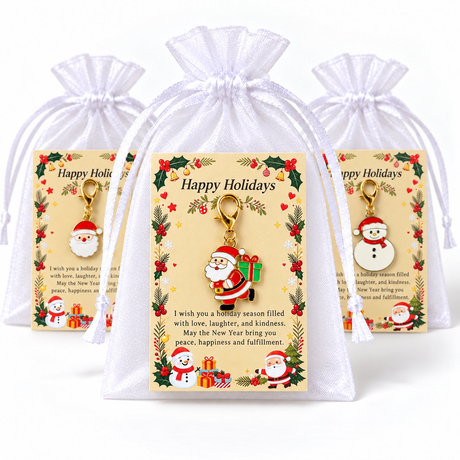 Kerst Sleutelhanger 12 Stuks - Kleine Kerst Cadeautjes met Kaartje & Zakje - Kerstman & Rendier - Kasey