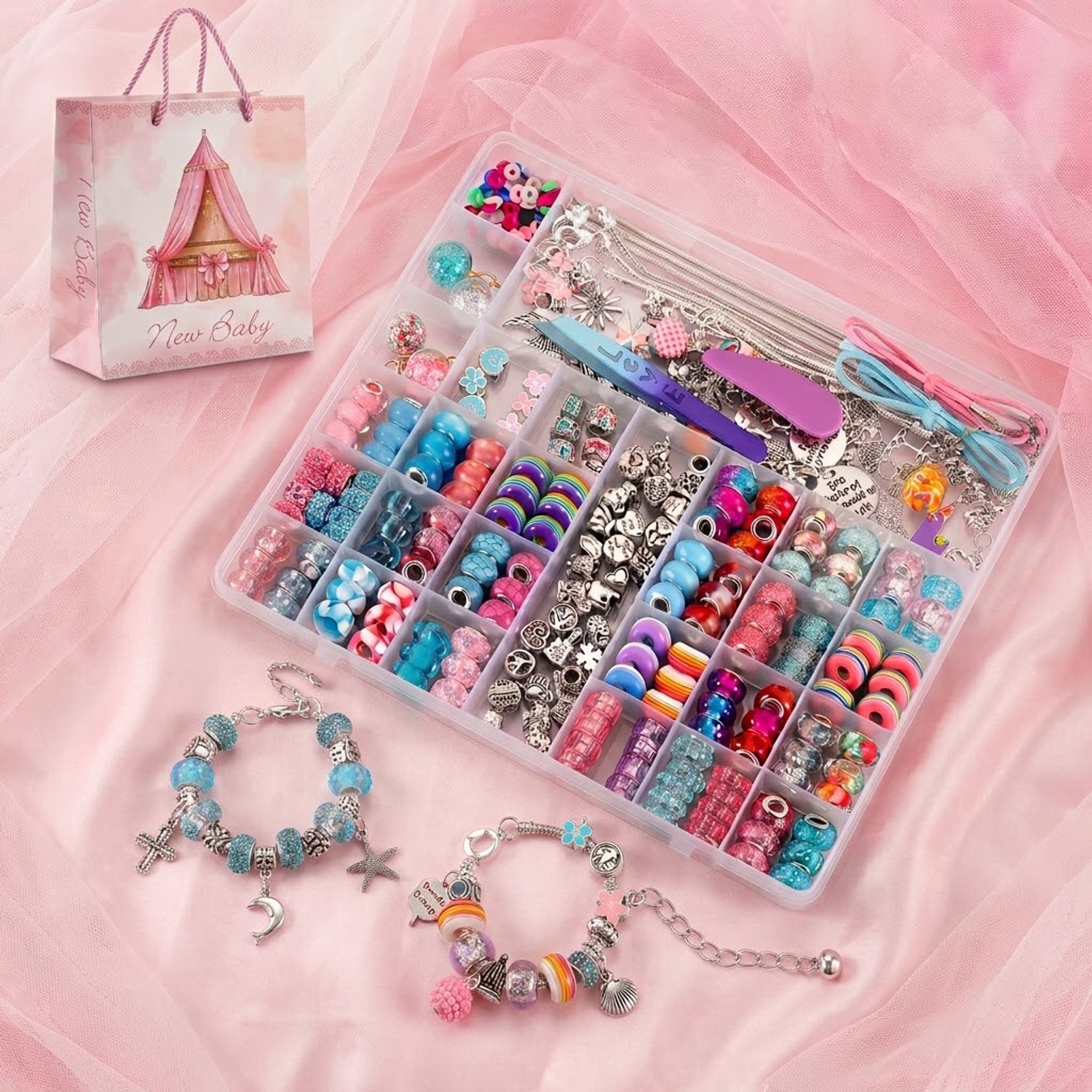 DIY Sieraden Maken Set voor Meisjes(230+PCS) – Kralen Set voor Armbandjes en Kettingen – Complete Knutselset met Bedels, Opbergdoos en Cadeautas – Inclusief Verrassingscadeautje