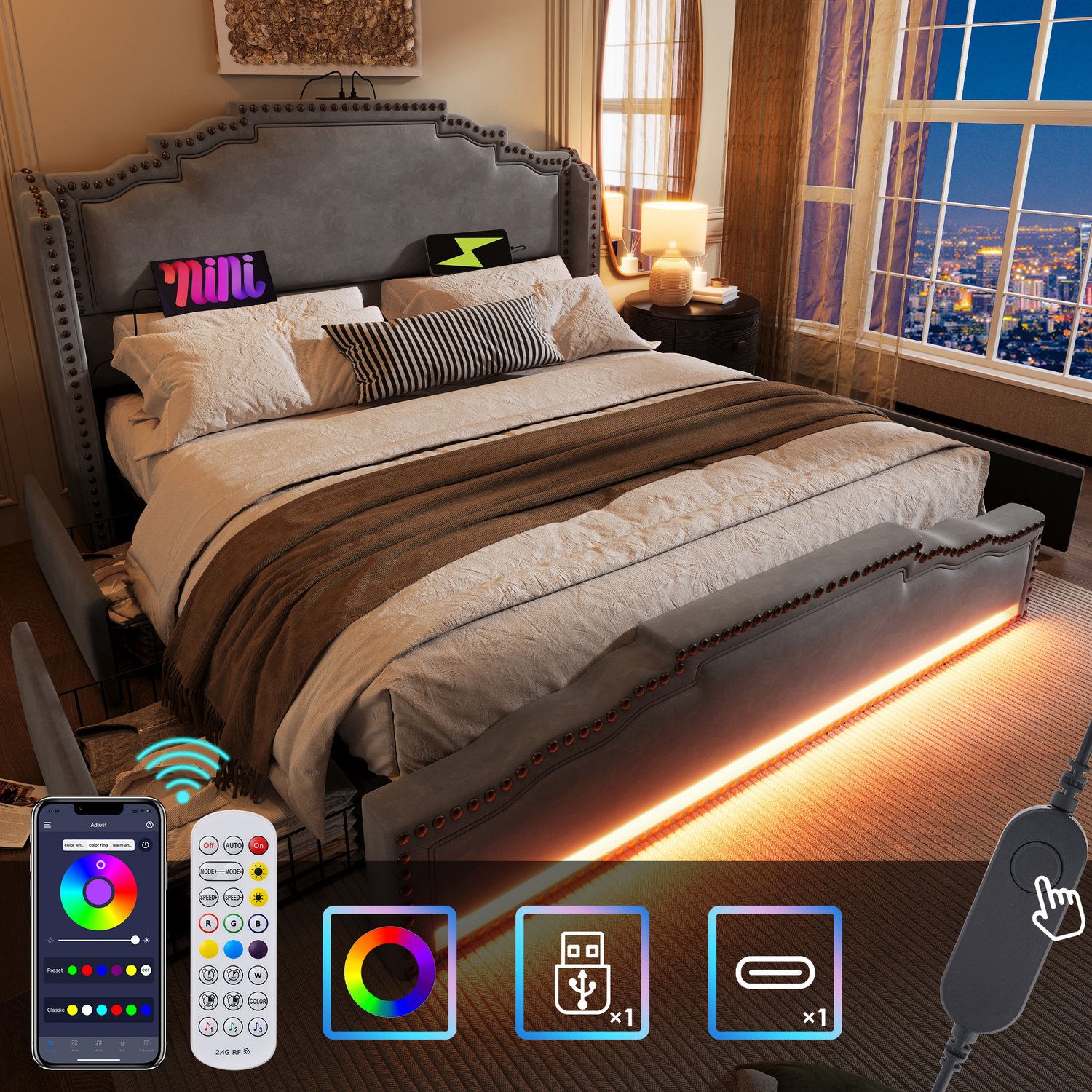 WUVRIE Gestoffeerd tweepersoonsbed 160x200 cm - Met matras, 4 lades, LED en USB-C - Grijs