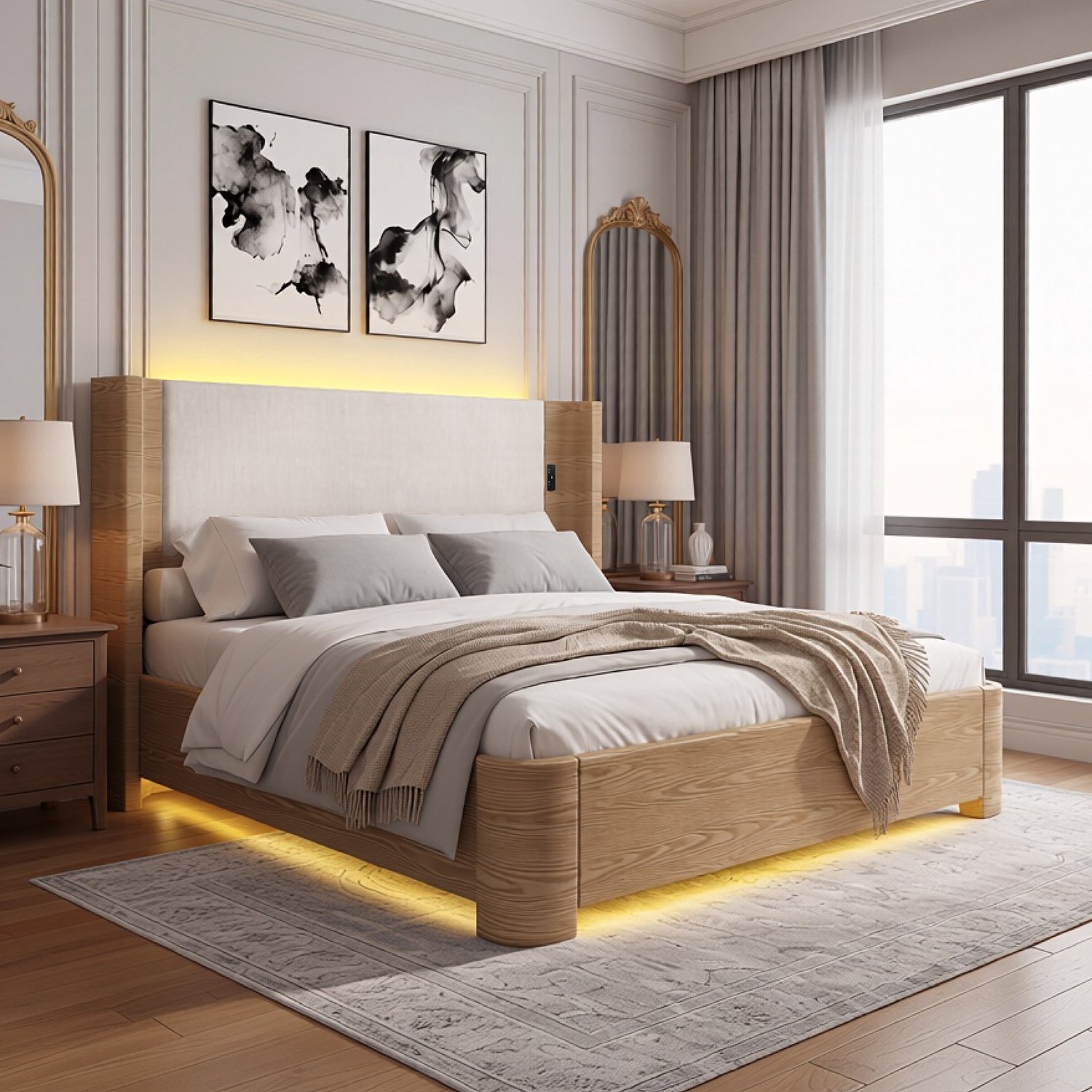 WUVRIE Opbergbed 180x200 cm - Hydraulisch liftsysteem en zevenkleurige LED-verlichting - Beige