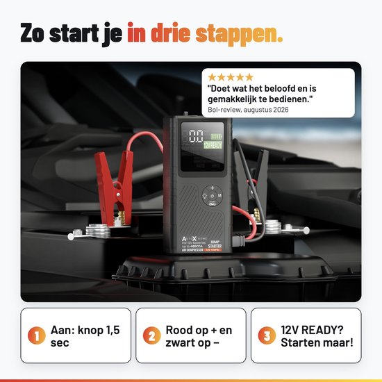 AutoXtreme starthulp aangesloten op een 12V auto-accu met rode en zwarte klemmen voor een snelle start.