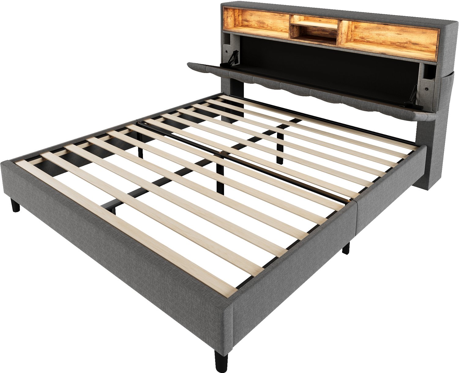 MUVANO Grijs gestoffeerd tweepersoonsbed 140x200 - Bedframe met opberghoofdbord - Ledverlichting - Houten lattenbodem - Linnen - Slaapkamer zonder matras