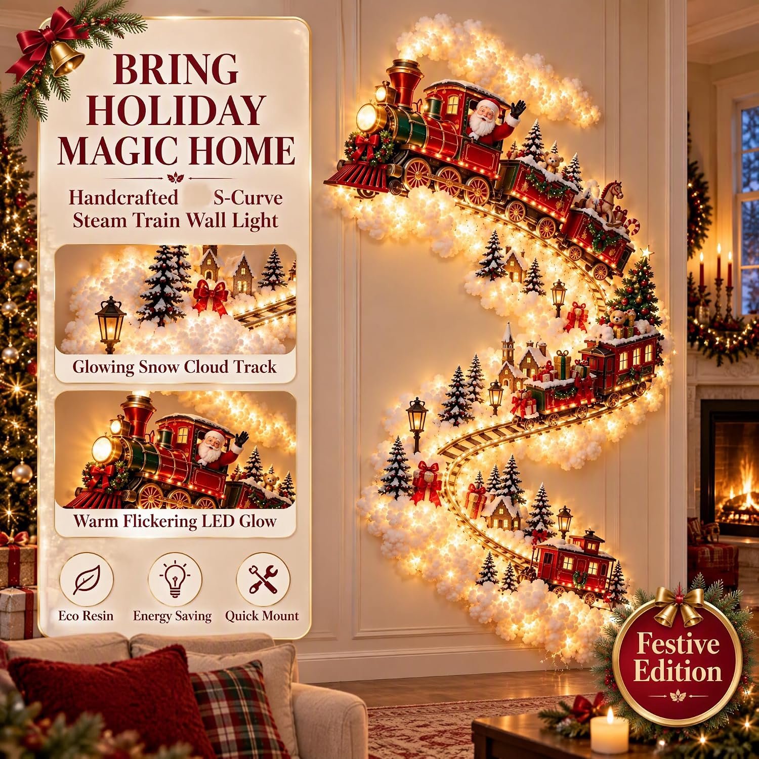 Kerstwandlamp - Warm wit LED - Verticale kerstwandlamp - Hangende decoratie met kerstman en trein - Waterval LED-wandlamp - Decoratieve kerstverlichting - Feestelijke sfeer - Kerstdecoratie - 44*88 cm - Ontwerp met kersttrein - Rood + Groen – foto 2