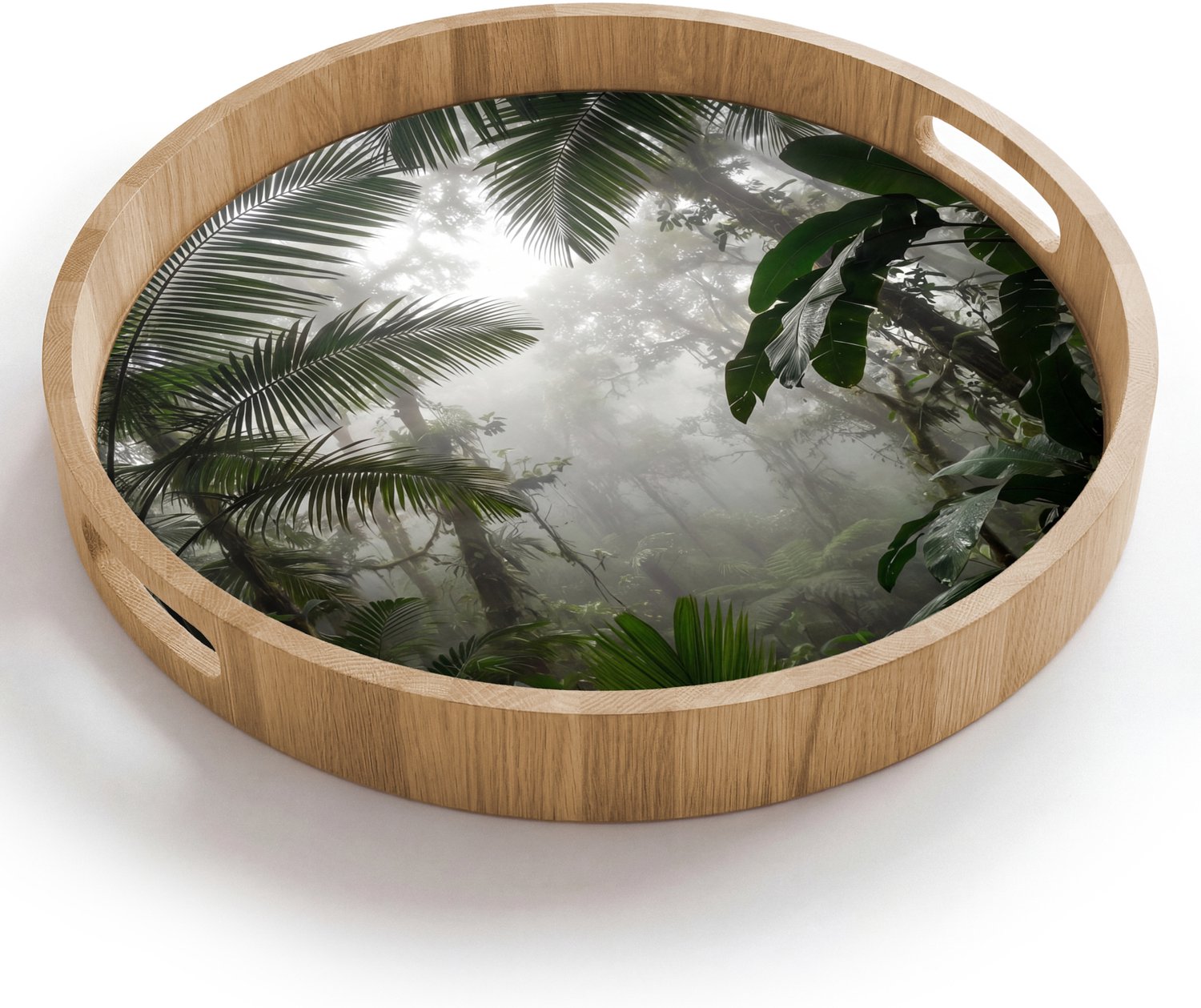 Dienblad rond 40x40 cm - Schootdienblad hout - Natuur - Jungle - Mist - Groen - Bladeren - Borrelplank rechthoek - Plateau houten dienbladen