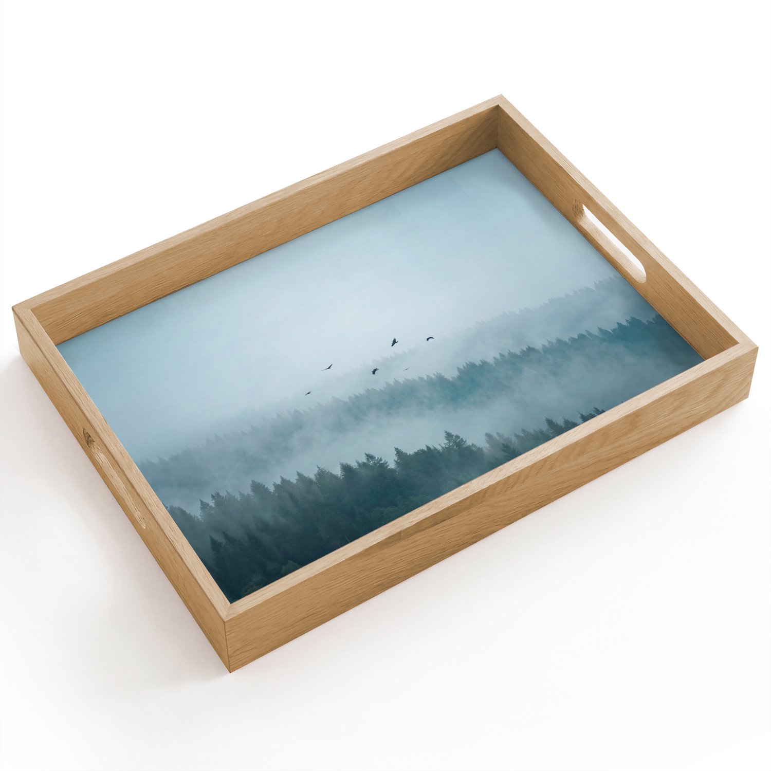 Dienblad hout 40x30 cm - Schootdienblad - Bos - Mist - Vogels - Natuur - Groen - Borrelplank rechthoek - Plateau dienbladen