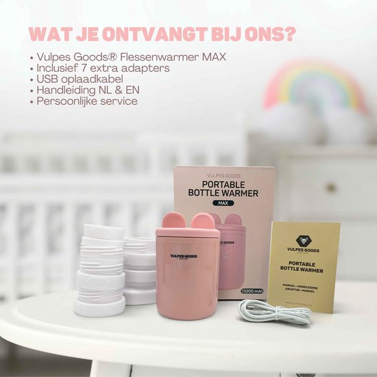 Roze Vulpes Goods flessenwarmer met oortjes, zeven adapters, USB-kabel, handleiding en productdoos op een witte tafel.