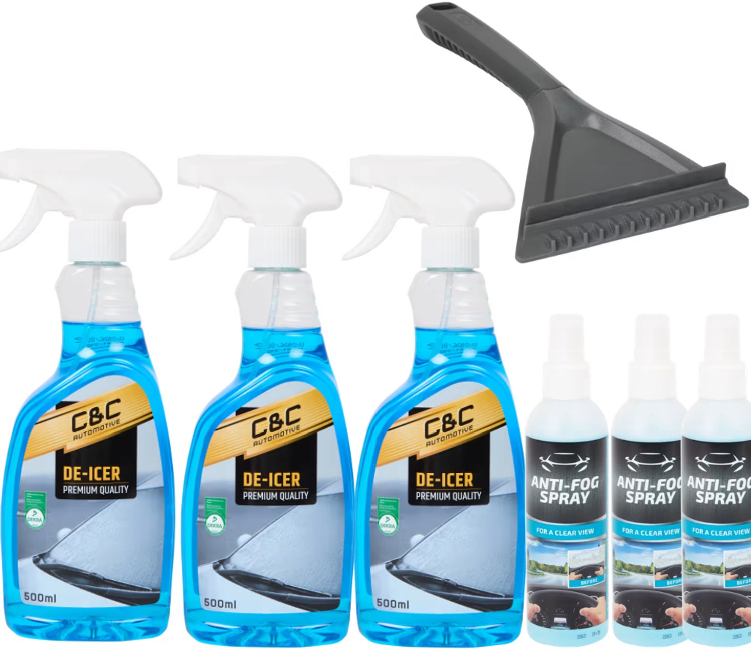 3x C&C ruitenontdooier 500ml + 3x Anti-condensspray 200ml - ontdooispray + ijskrabber