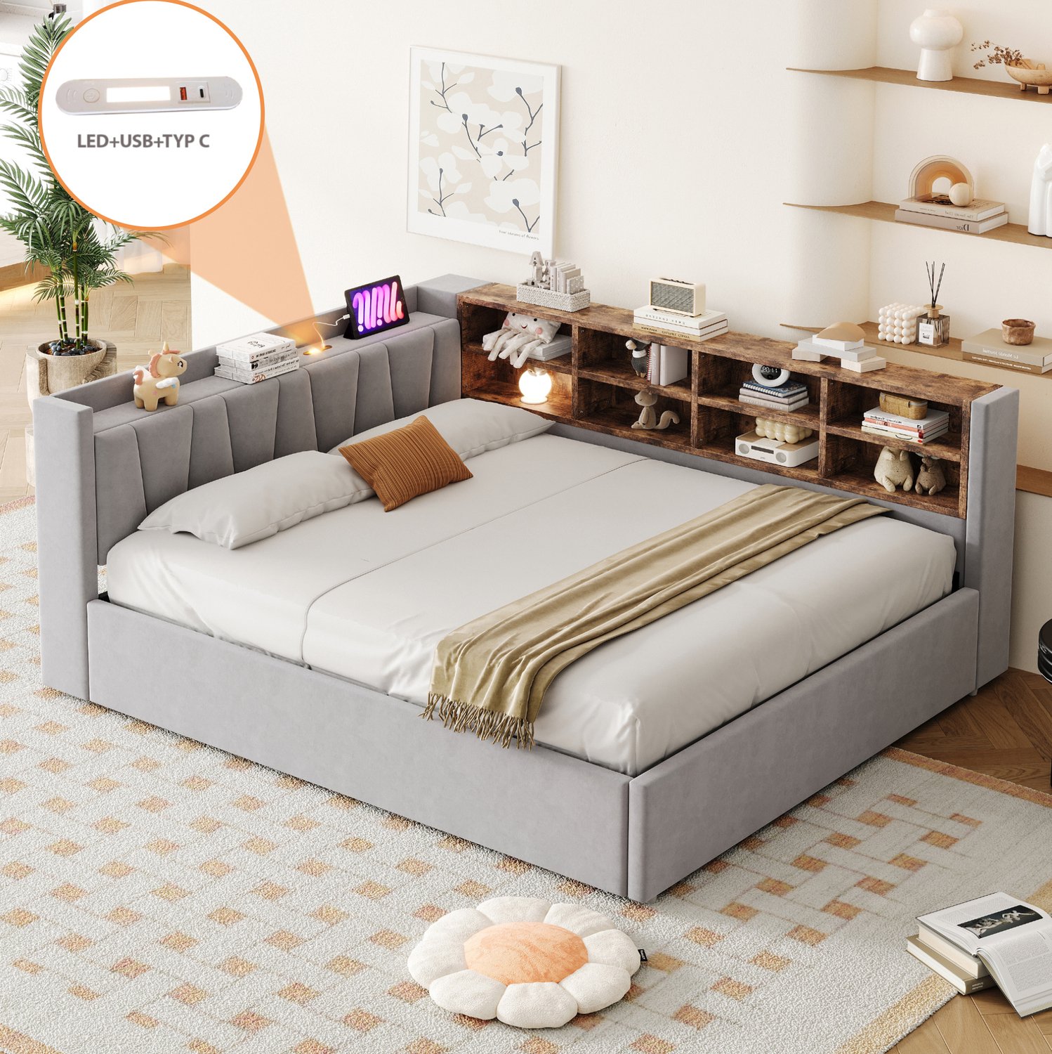 OKWISH Gestoffeerd Bed 140x200 cm - Hydraulische Opbergruimte - Nachtlamp en Oplaadaansluitingen - Lattenbodem - Fluweel - Lichtgrijs - Zonder matras