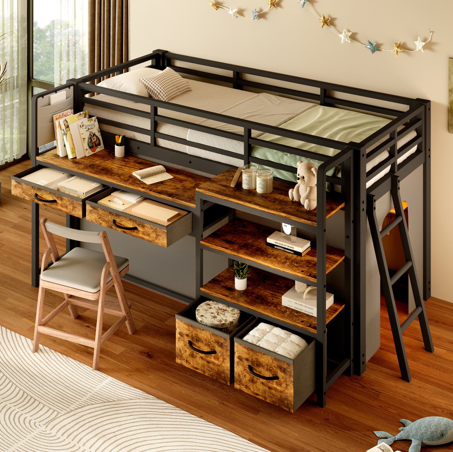 OKWISH Hoogslaper 90 x 200 cm - Met Bureau en Meerkleurige Verlichting - Met Legplanken en Stoffen Lades - Voor Kinderkamers - Metaal - Zonder Matras - Zwart
