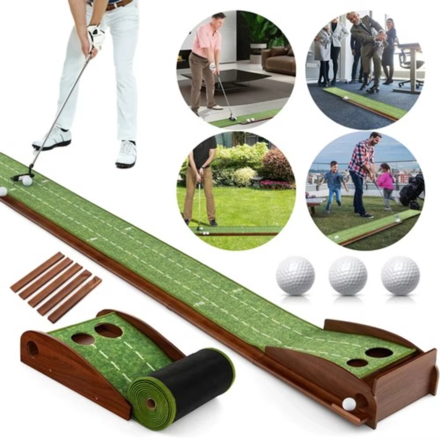 CreateEcom golfmat - golftrainingsmateriaal - put mat golf - golf cadeau - Golfputmat met dubbele opening - 307 cm - gemaakt van hout - voor binnenshuis - draagbare golftrainingsmat voor thuis en op kantoor