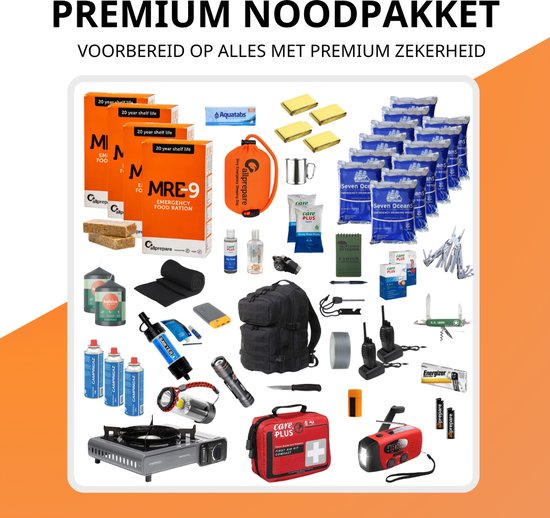 Premium noodpakket inclusief MRE-9 rantsoenen, waterzakjes, campinggas, EHBO-kit en rugzak voor uitgebreide voorbereiding.