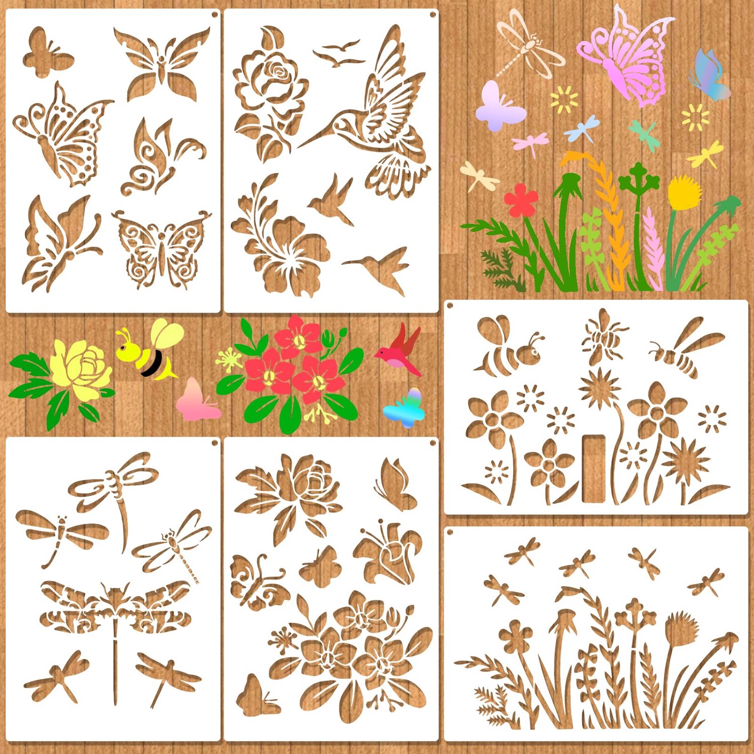 Bloemensjablonen Set van 6 - Grote Stencils - Vlindersjablonen - Houten Hek - Duurzaam PET-Materiaal - Creatieve Decoratie - Schilderstencils