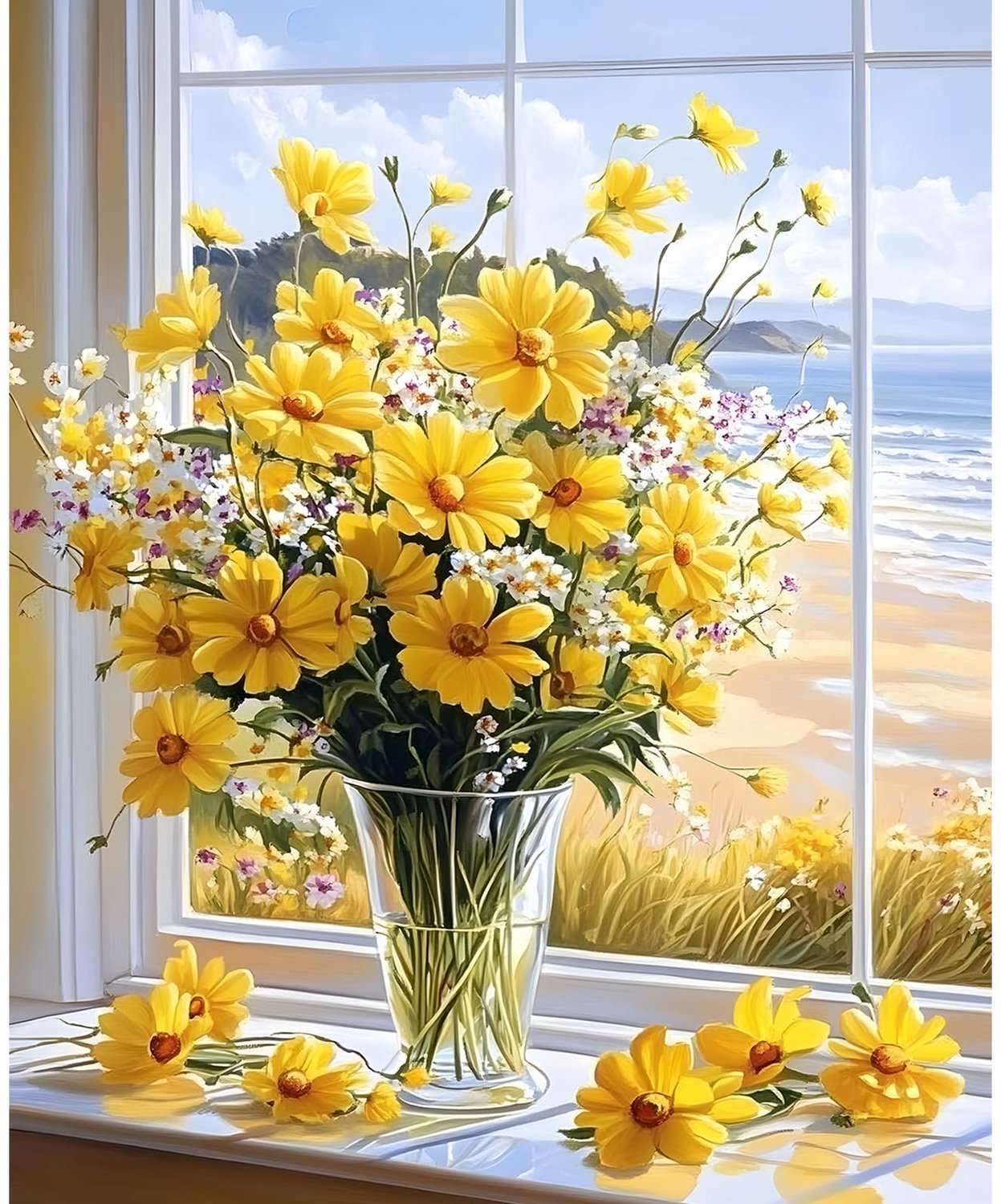 Schilderen op Nummer Set - Gele Bloemen en Zeezicht - 30x40cm
