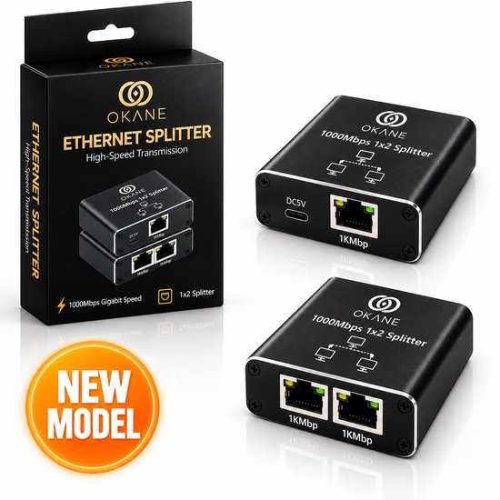 Okane Internet Splitter - 2 Poorten – Netwerk Switch – Tot 1000Mbps - Ethernet splitter – RJ45, CAT5 t/m CAT8 - Netwerk Splitter - Internet switch