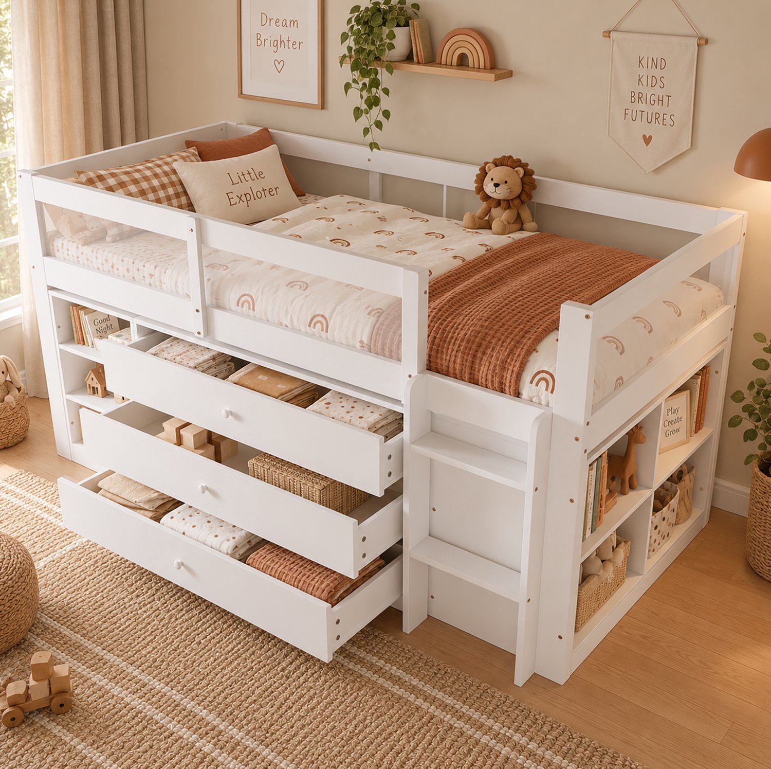 OKWISH Kinderbed 90x200cm - Halfhoogslaper met Uitvalbeveiliging - 3 Laden en Zijrek - voor Kinderen - Hout en Houtvezelplaat - Zonder Matras - Wit