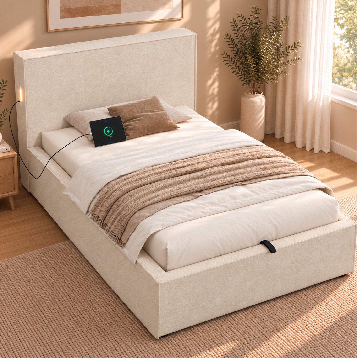 OKWISH Gestoffeerd Eenpersoonsbed 90x200 cm - Hydraulische Opbergruimte - Met Lattenbodem - Chenille - Zonder Matras - Beige