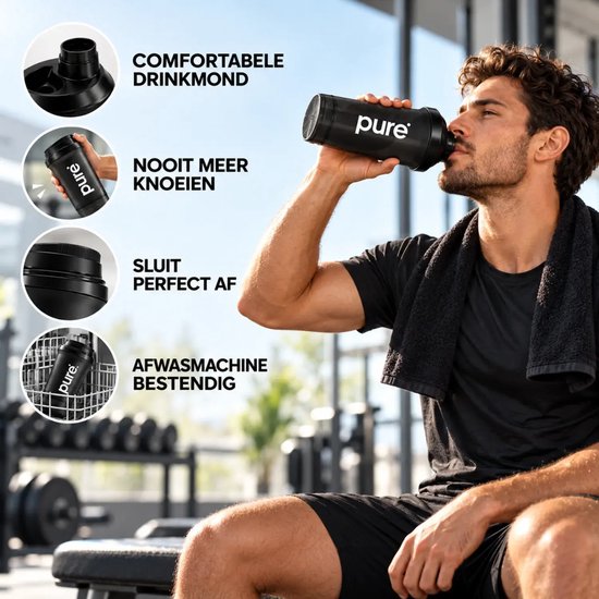 Man drinkt uit zwarte Pure. shakebeker in sportschool. Details: drinkmond, lekvrij, vaatwasserbestendig.