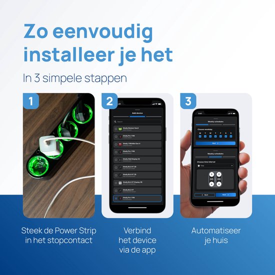 Drie stappen installatiegids voor de Shelly Power Strip met app-schermen voor apparaatselectie en weekschema's.