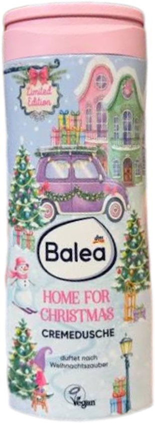 Roze fles Balea Home for Christmas douchegel met kerstillustraties van een auto, huizen en kerstbomen.