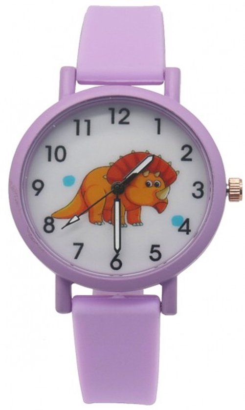 Lichtpaars kinderhorloge met siliconen band en een witte wijzerplaat met een oranje dinosaurus.