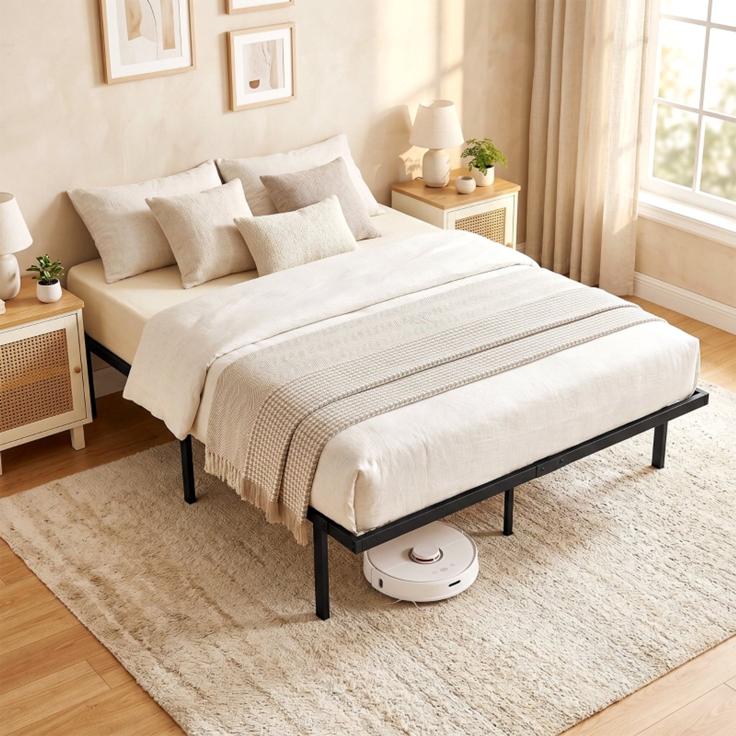 WUVRIE Metalen bedframe 140x200 cm - Met lattenbodem en ruimte onder het bed - Zwart