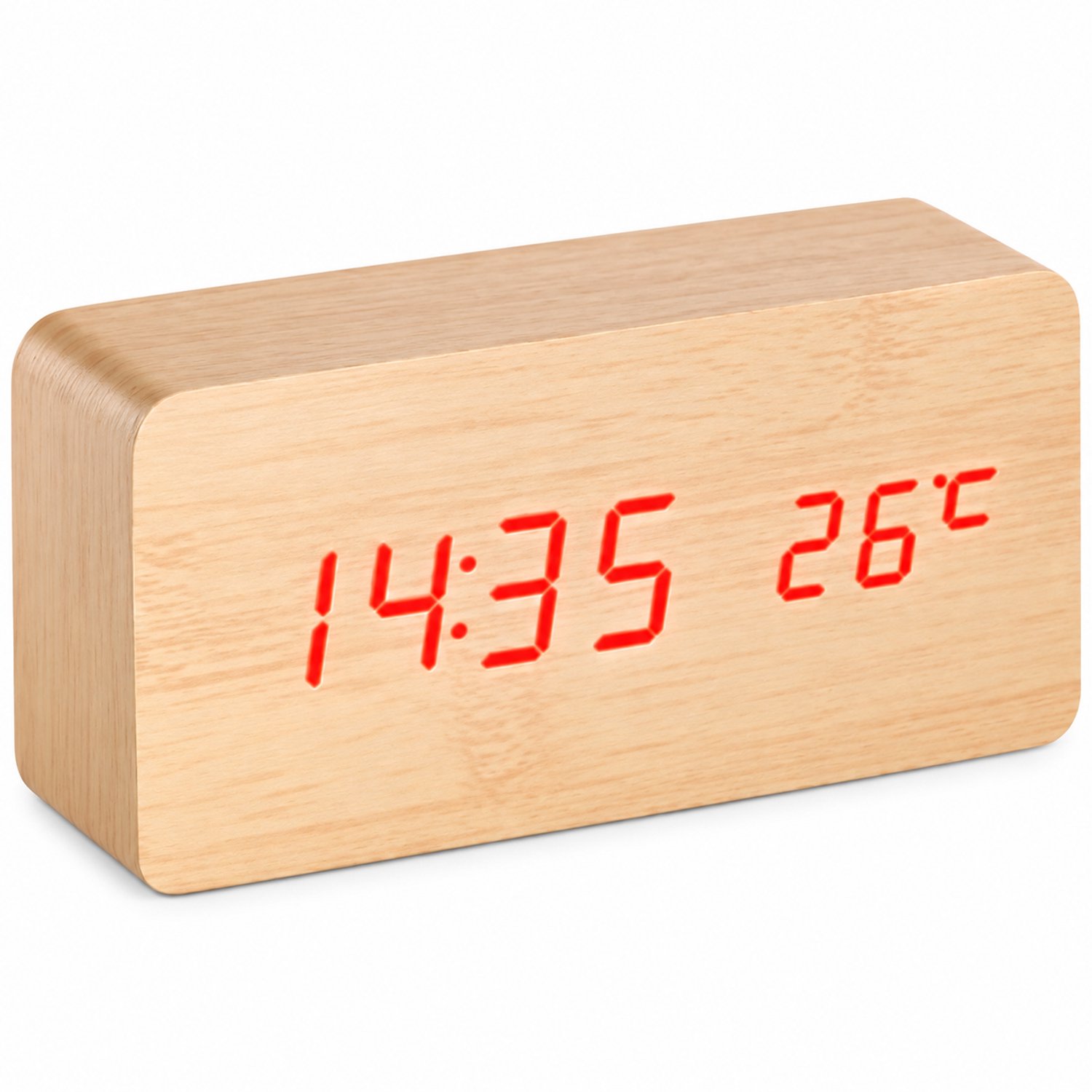 wekker - Rechthoekige houten behuizing met rode LED-tijd- en temperatuurweergave - Batterijen of USB-voeding
