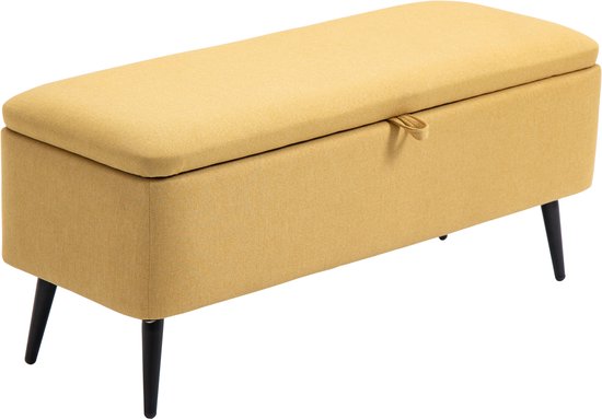 Gele opbergbank met linnenlook, scharnierend deksel met treklus en slanke, zwarte schuine poten.