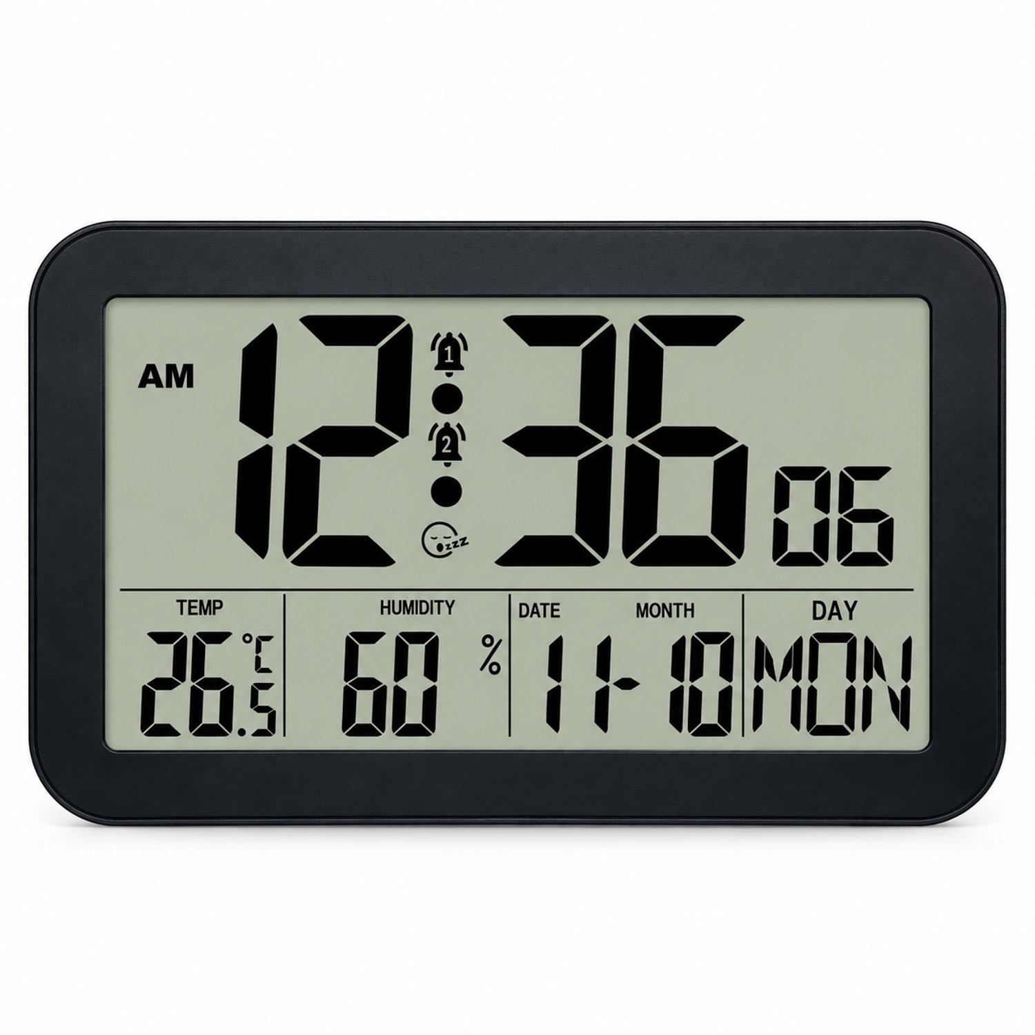 wekker met LCD zonder achtergrondverlichting - Temperatuur, luchtvochtigheid en kalender - Zwart - Wand- of tafelmodel op batterijen - 20,2 x 12,4 x 2,6 cm