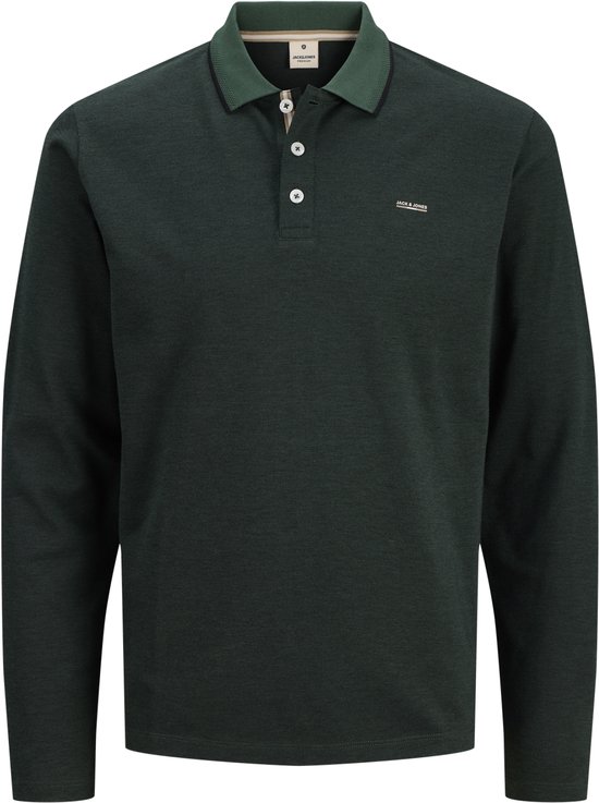 Donkergroen poloshirt met lange mouwen, knoopsluiting, contrasterende kraag en 'JACK & JONES' logo.
