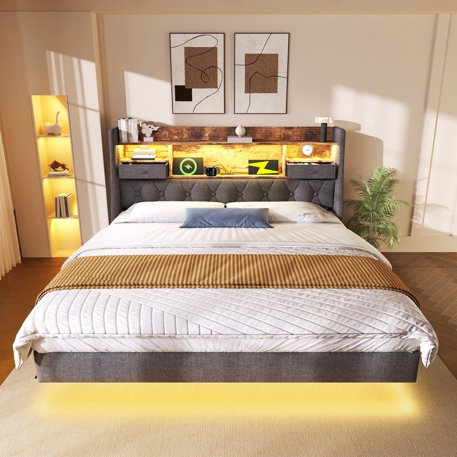 KOMHTOM Gestoffeerd bed - 180x200 cm - Linnen - Grijs - LED-verlichting - USB-aansluiting - Opbergruimte in hoofdeinde - Lattenbodem - Hoofdeinde