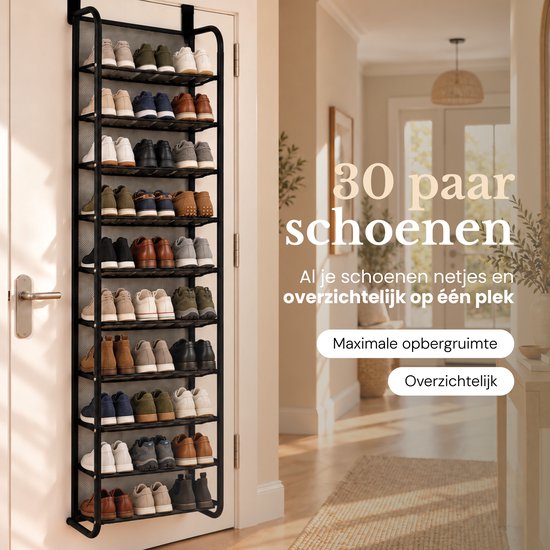 Zwart hangend schoenenrek met 30 paar schoenen en tekst '30 paar schoenen'.