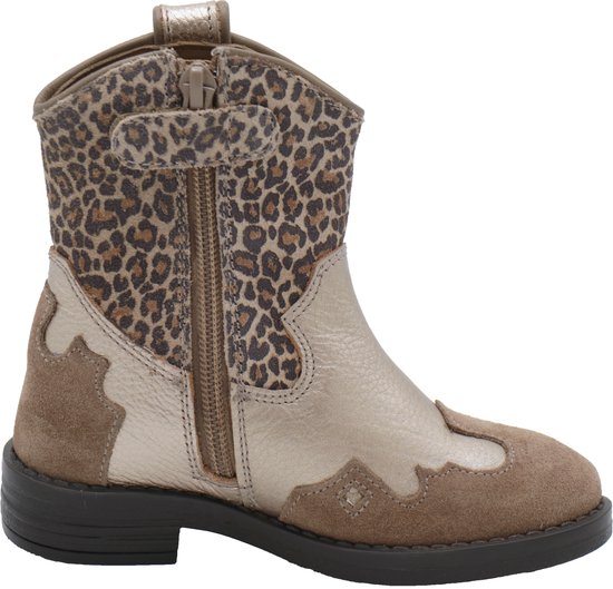 Zijkant van Develab westernlaars met ritssluiting, uitgevoerd in beige, bruin en luipaardprint.