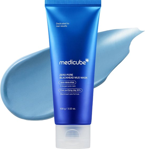 Medicube Zero Pore Blackhead Mud Mask tube van 100g met een blauwe masker swash ernaast.