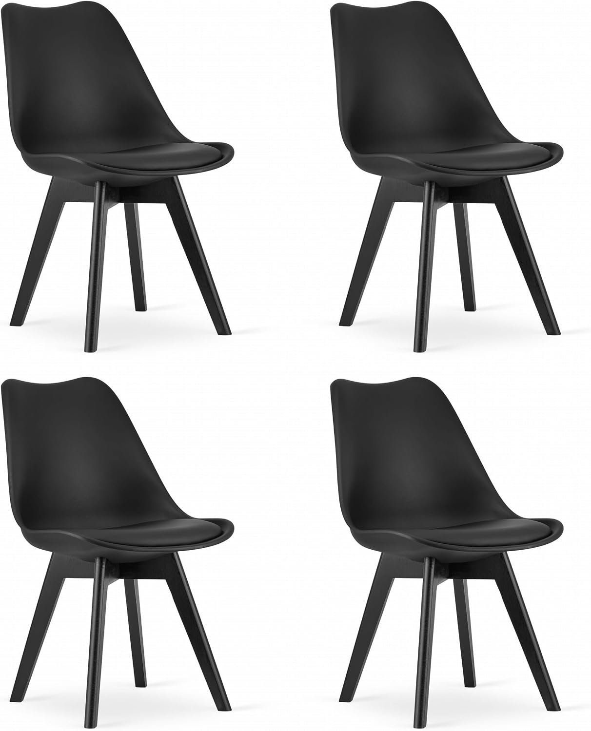 Scandinavische Zwarte Eetkamerstoelen Set van 4 met Kunstleren Bekleding, Comfortabele Gestoffeerde Zitting, Kunststof Kuipzitting en Houten Frame, 50 x 49 x 82 cm