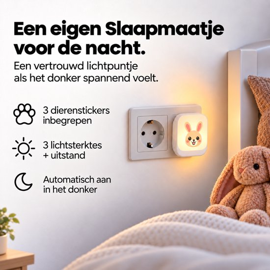 Nachtlampje in stopcontact met konijnensticker, 3 lichtsterktes en automatische sensor.