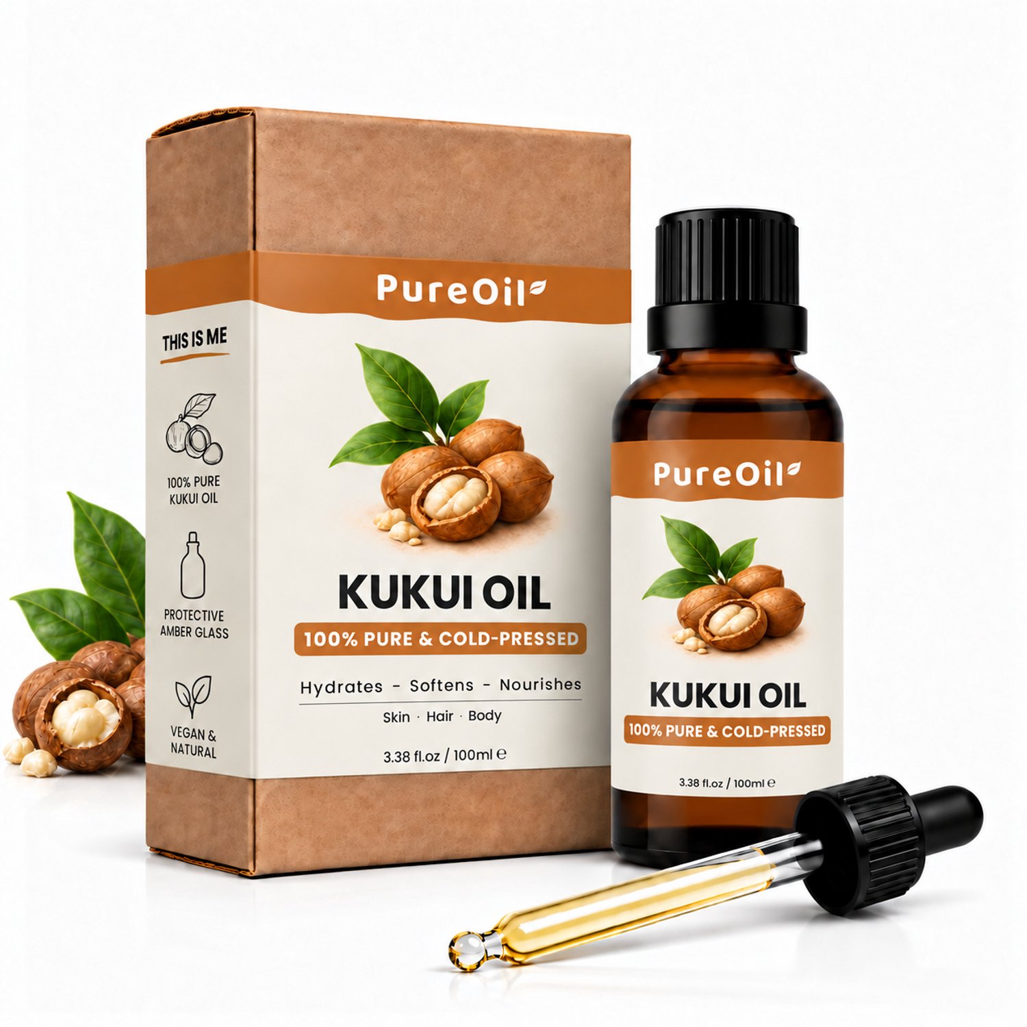 PureOil® – Kukui Olie – 100ml – Koudgeperst & Hexaanvrij – 100% Puur, Natuurlijk & Vegan – Voor Haar | Huid | Gezicht | Scalp | Wimpers | Wenkbrauwen | Nagels | Massage - Haarolie - Massage Olie - Incl. Ebook