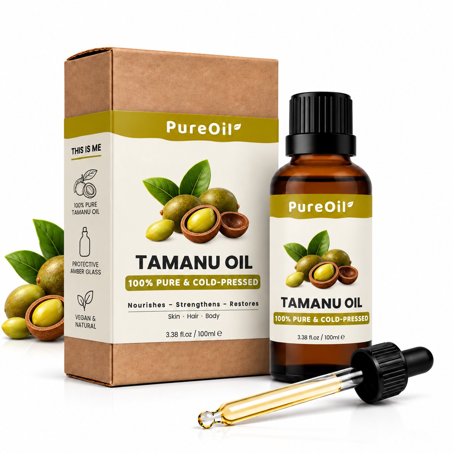 PureOil – Tamanu Olie – 100ml – Koudgeperst & Hexaanvrij – 100% Puur, Natuurlijk & Vegan – Voor Haar | Huid | Gezicht | Scalp | Wimpers | Wenkbrauwen | Nagels | Massage - Haarolie - Massage Olie - Incl. Ebook