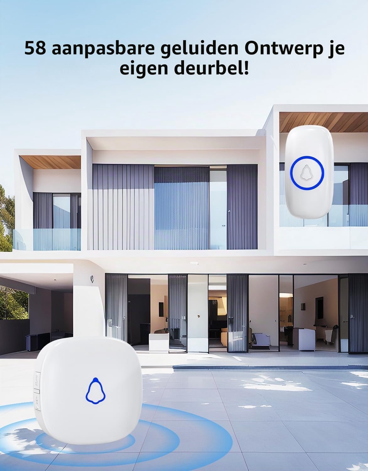 Draadloze Deurbel Buiten - Waterdicht IP55 - 1 Ontvanger 2 Knoppen - 58 Melodieën 120 dB - 300m Bereik - Voordeurbel