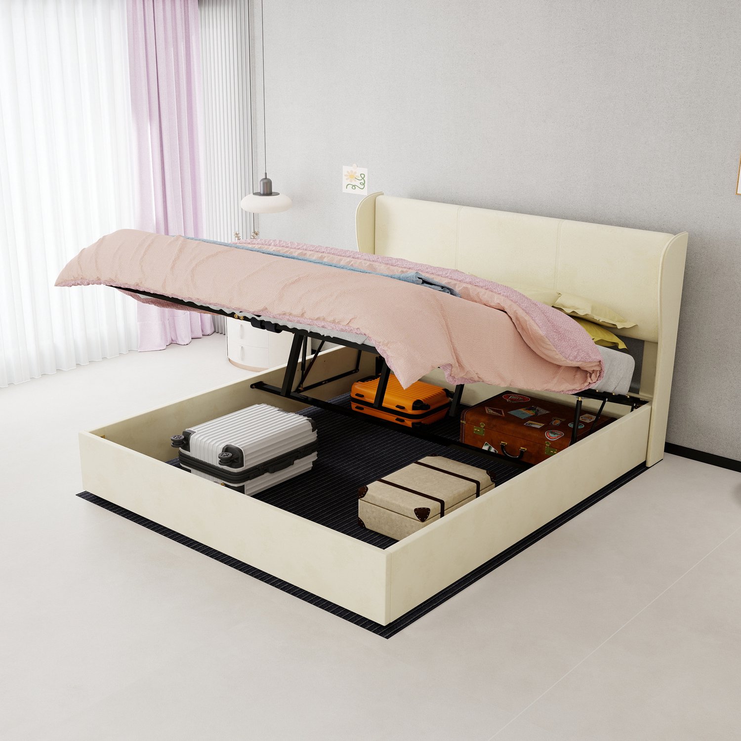 WUVRIE Bedframe 160x200 cm - Opbergruimte met gasveermechanisme en lattenbodem - Beige