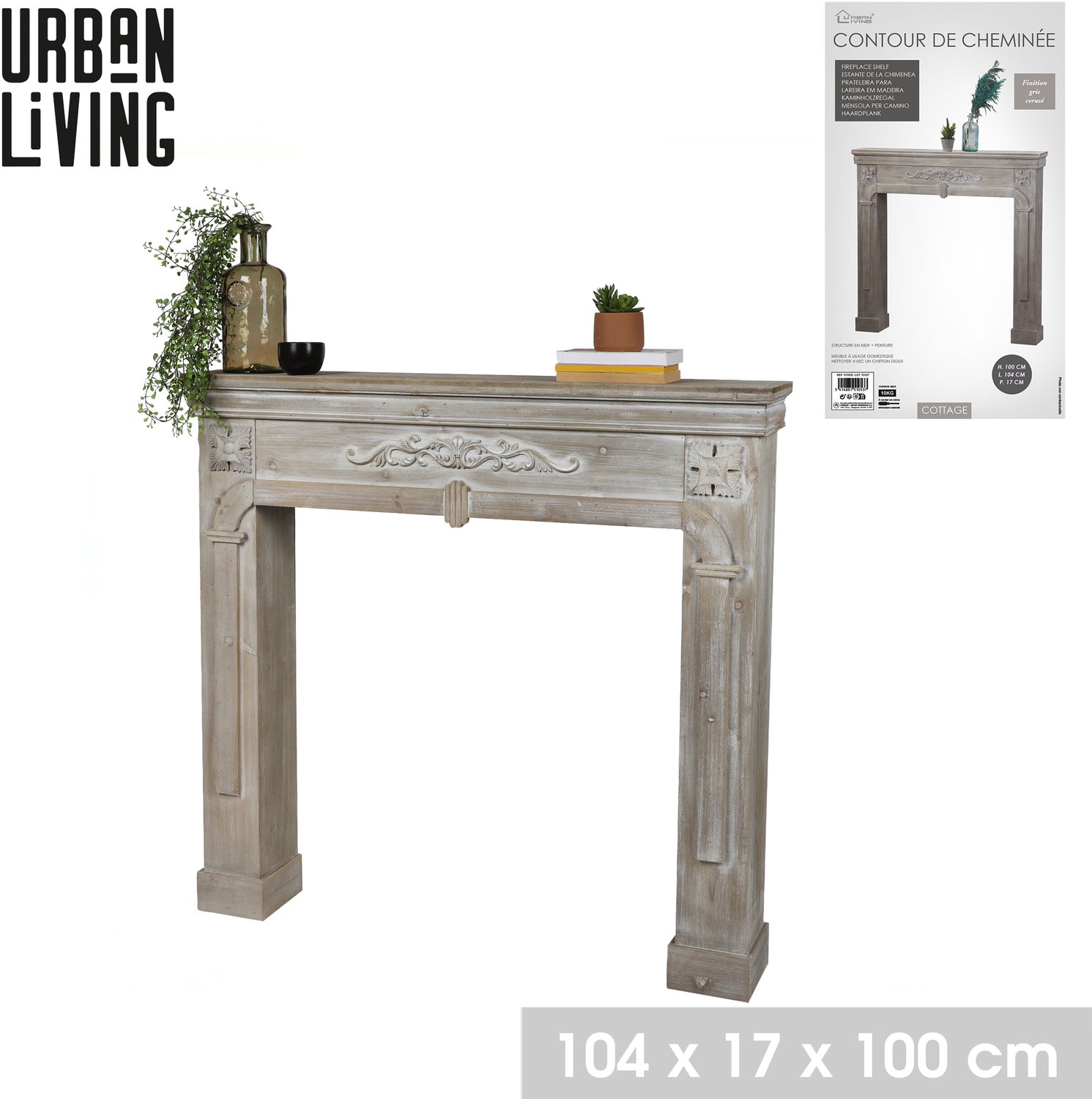 "COTTAGE" Decoratieve schouwombouw in grijs gekalkt hout - 104 x 17 x H100 cm.