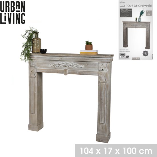 Grijze houten schouwombouw, 104x17x100cm, met gedetailleerd houtsnijwerk en decoratieve planten en boeken.